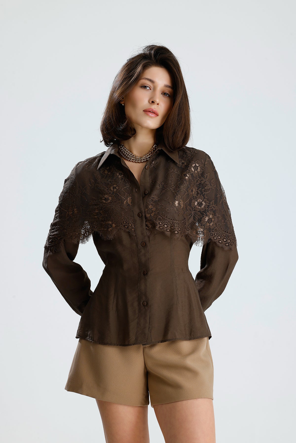 Brown Lace Overlay Shirt