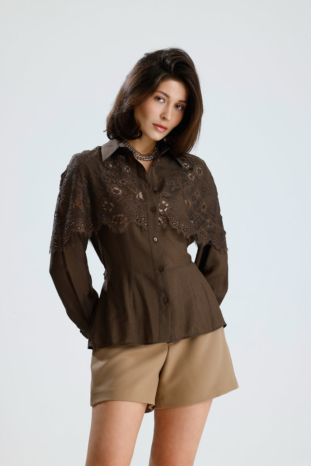 Brown Lace Overlay Shirt