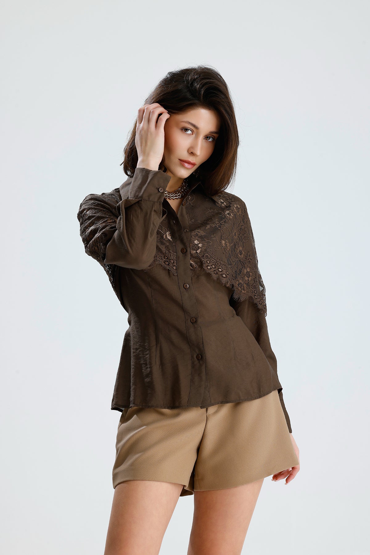 Brown Lace Overlay Shirt