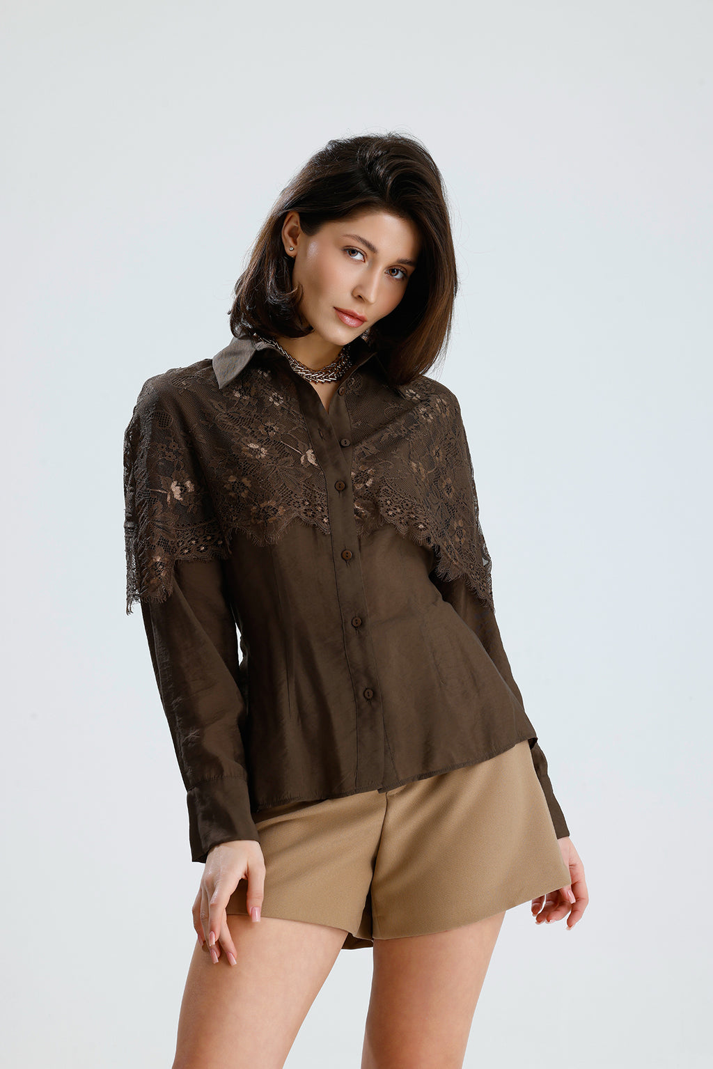 Brown Lace Overlay Shirt