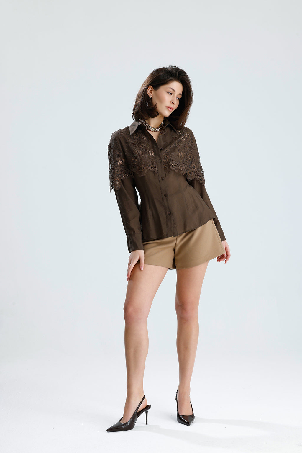 Brown Lace Overlay Shirt