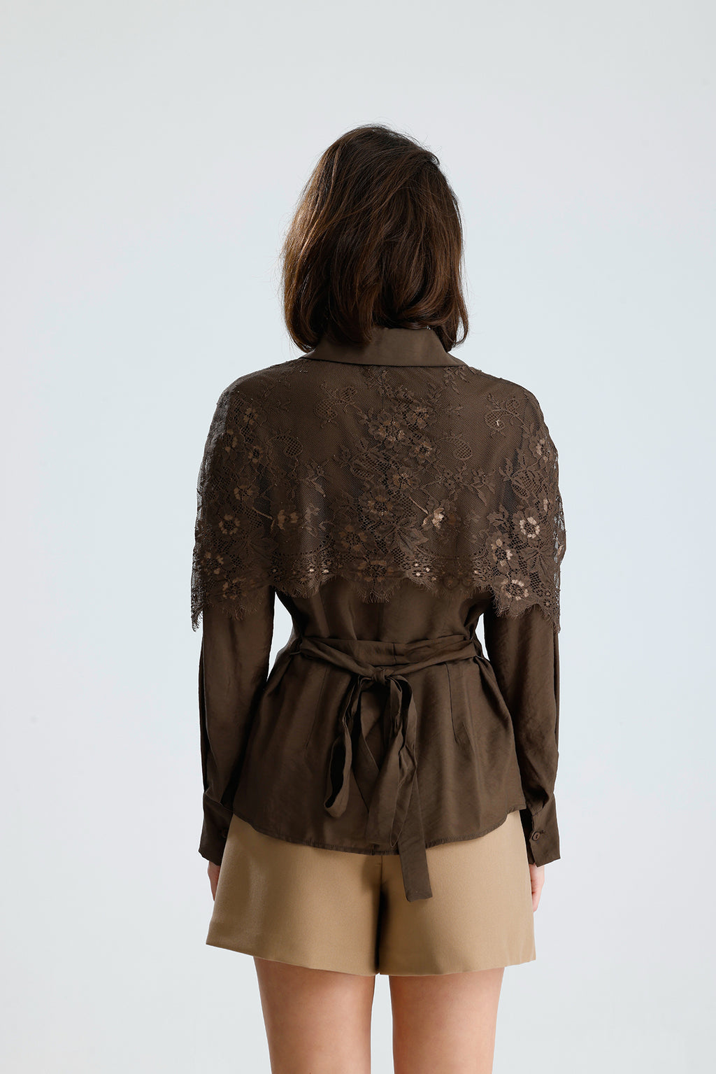 Brown Lace Overlay Shirt