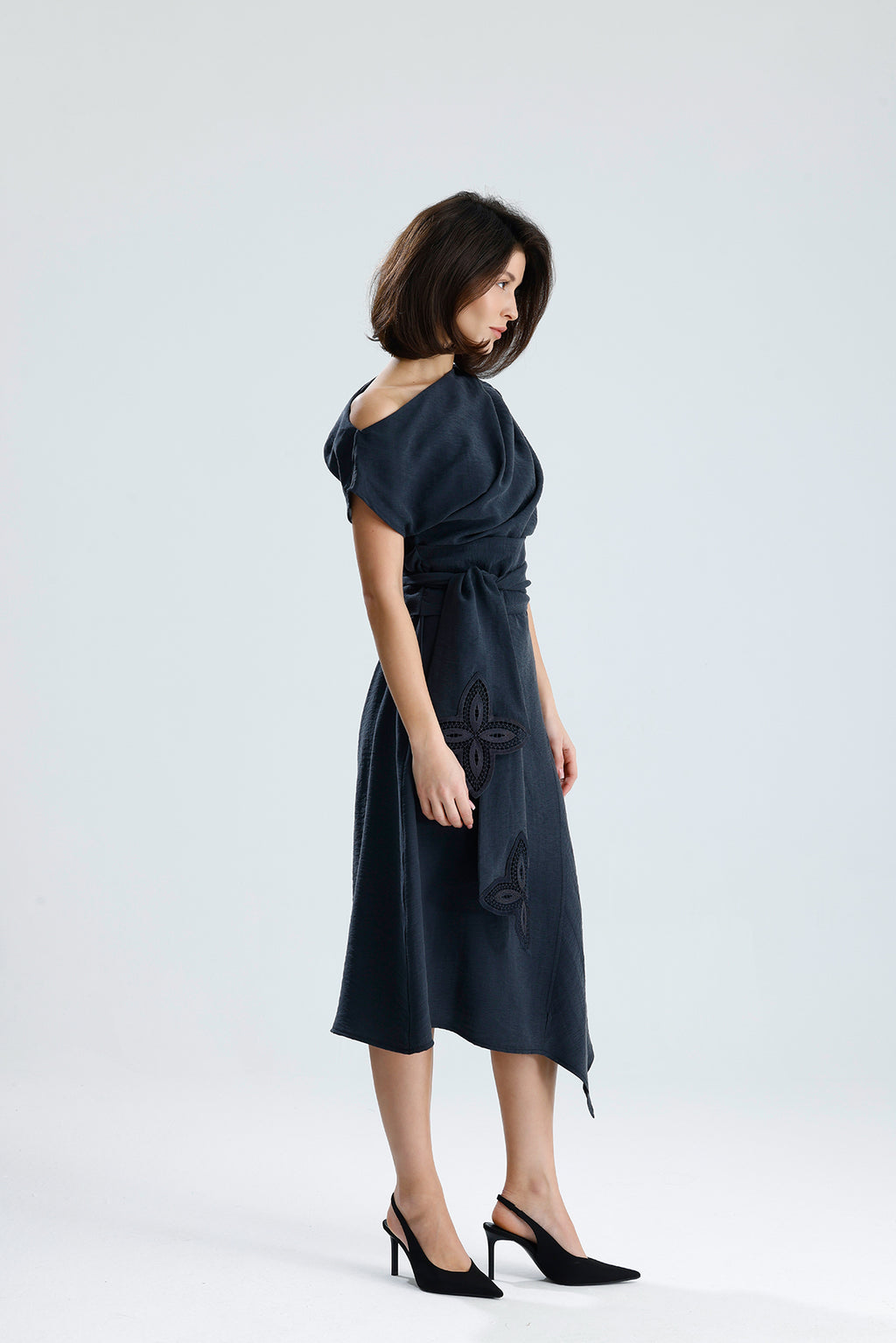 Gray Bloom Asymmetrical Midi Dress