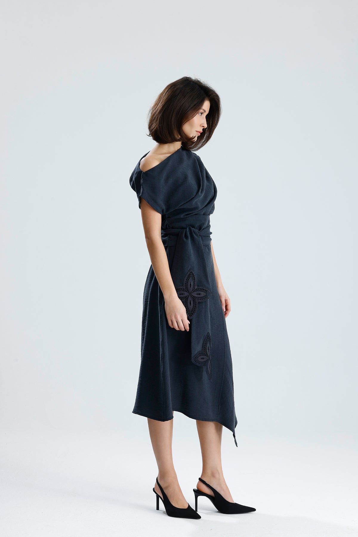 Gray Bloom Asymmetrical Midi Dress