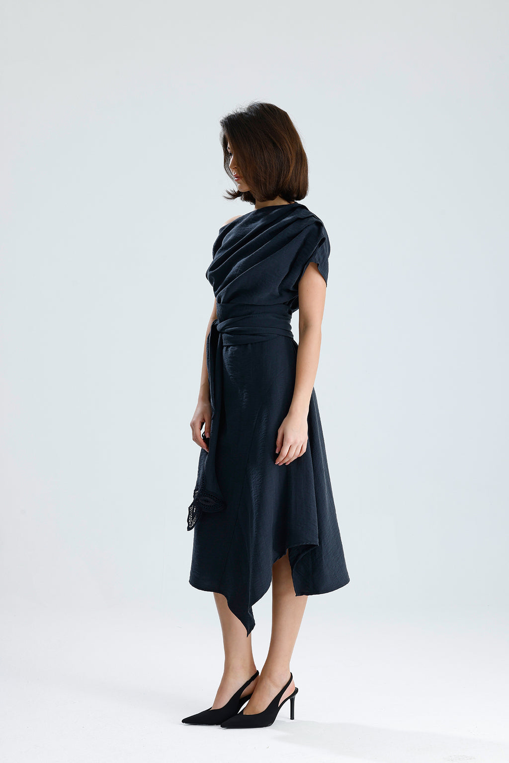 Gray Bloom Asymmetrical Midi Dress