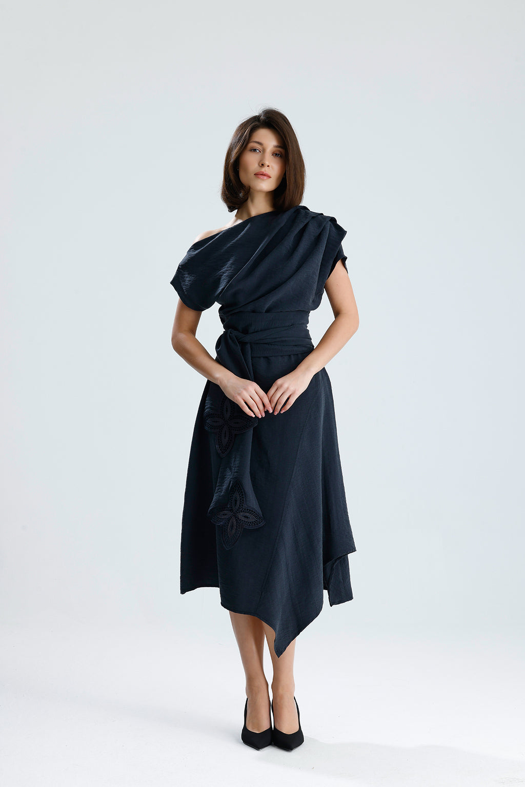 Gray Bloom Asymmetrical Midi Dress
