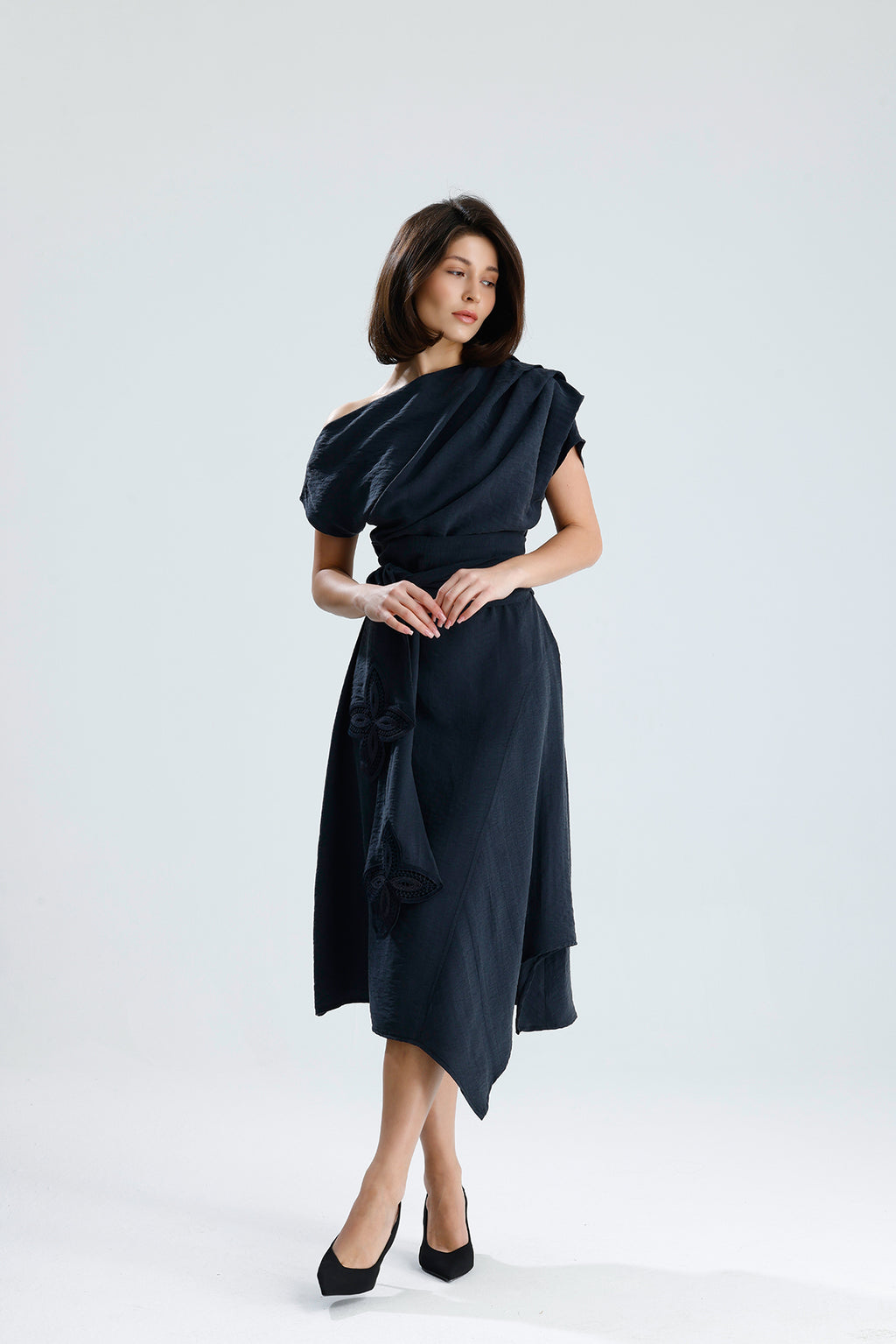 Gray Bloom Asymmetrical Midi Dress