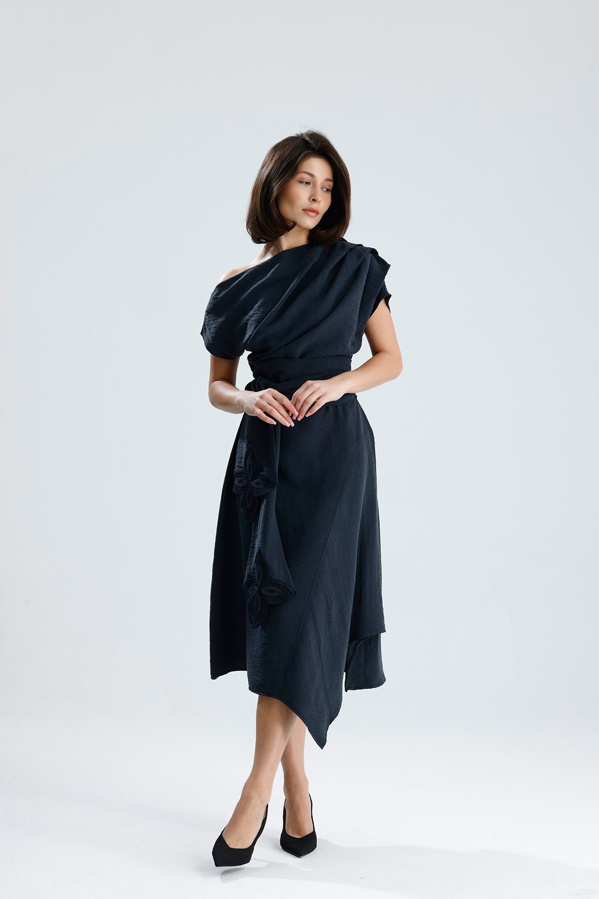 Gray Bloom Asymmetrical Midi Dress
