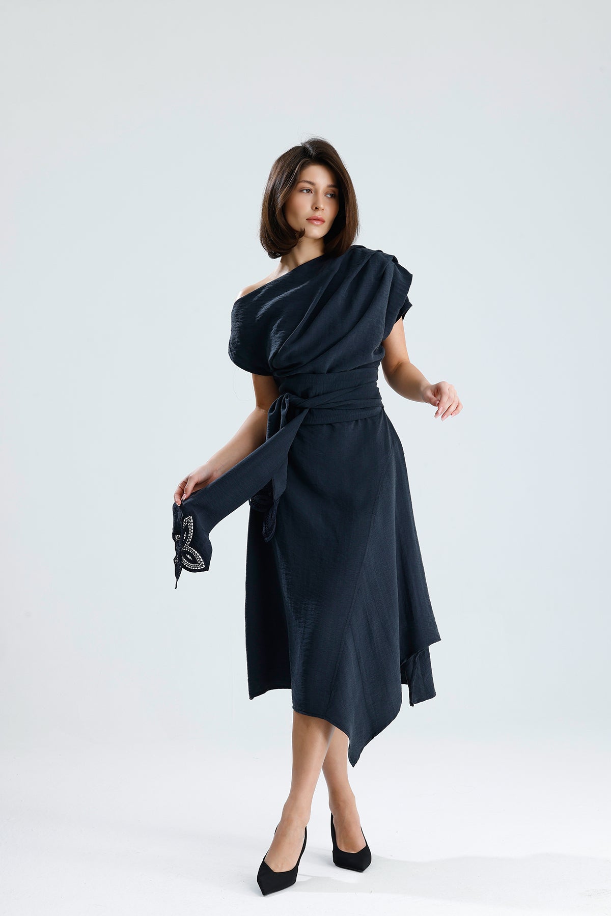 Gray Bloom Asymmetrical Midi Dress