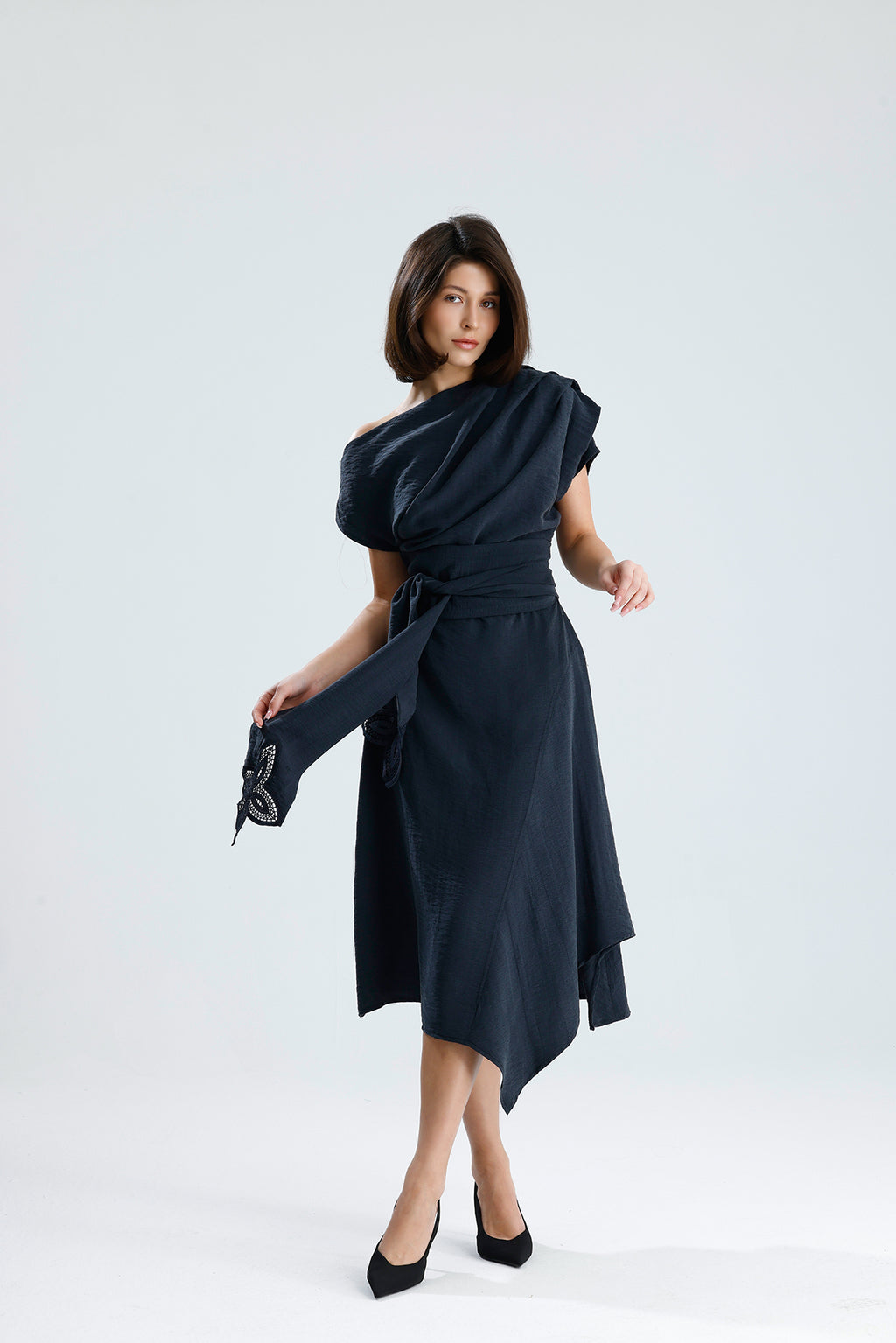 Gray Bloom Asymmetrical Midi Dress