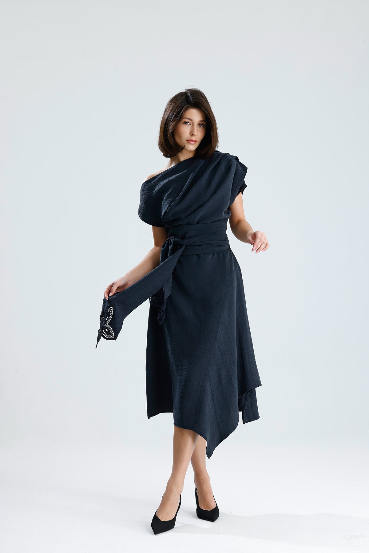 Gray Bloom Asymmetrical Midi Dress