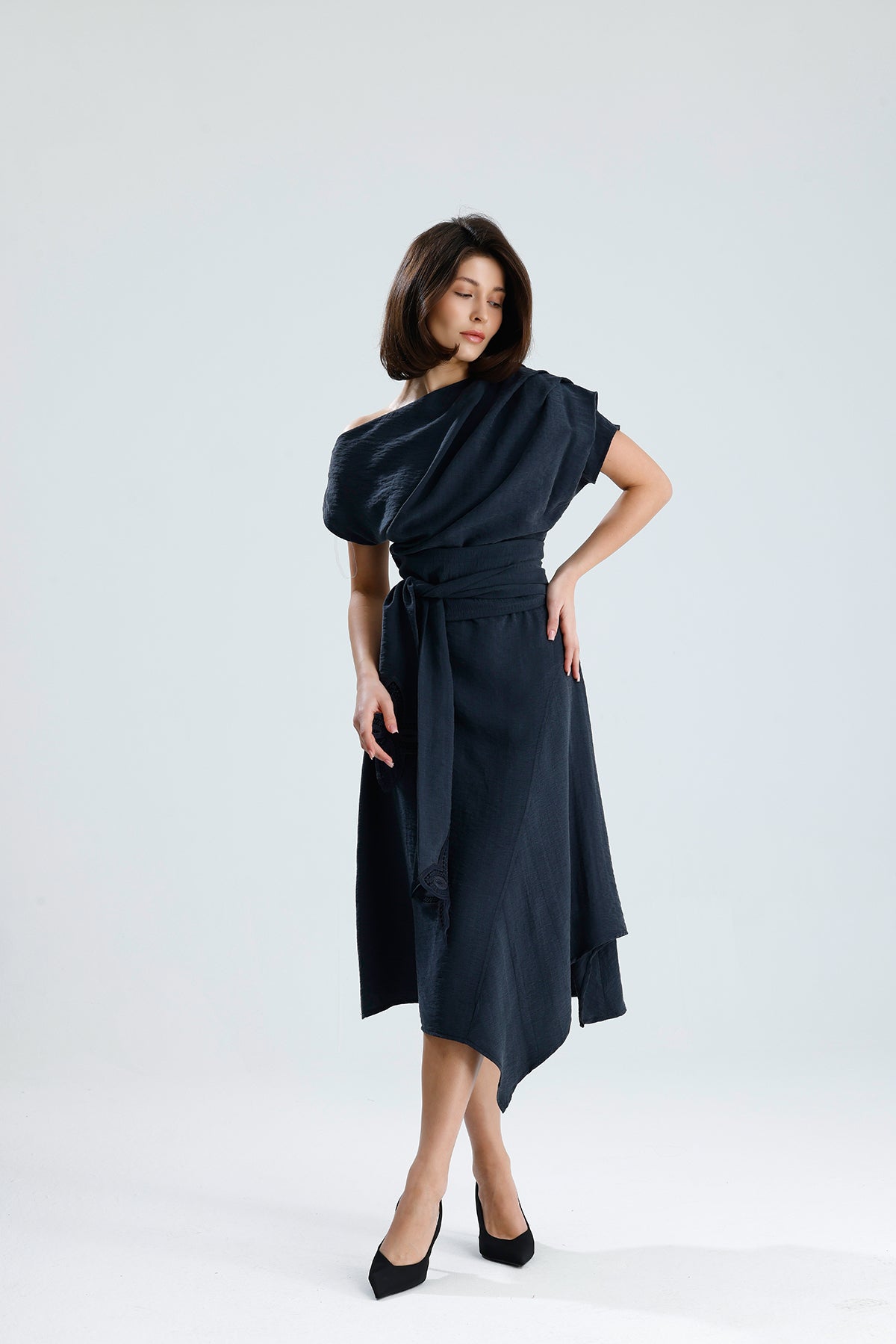 Gray Bloom Asymmetrical Midi Dress