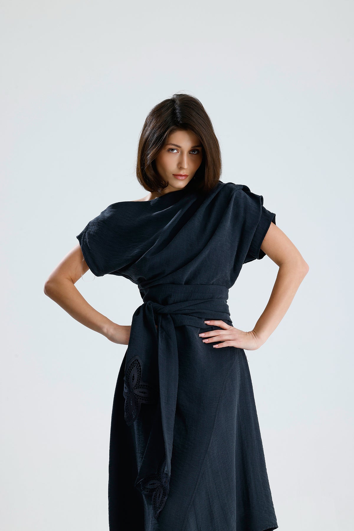 Gray Bloom Asymmetrical Midi Dress