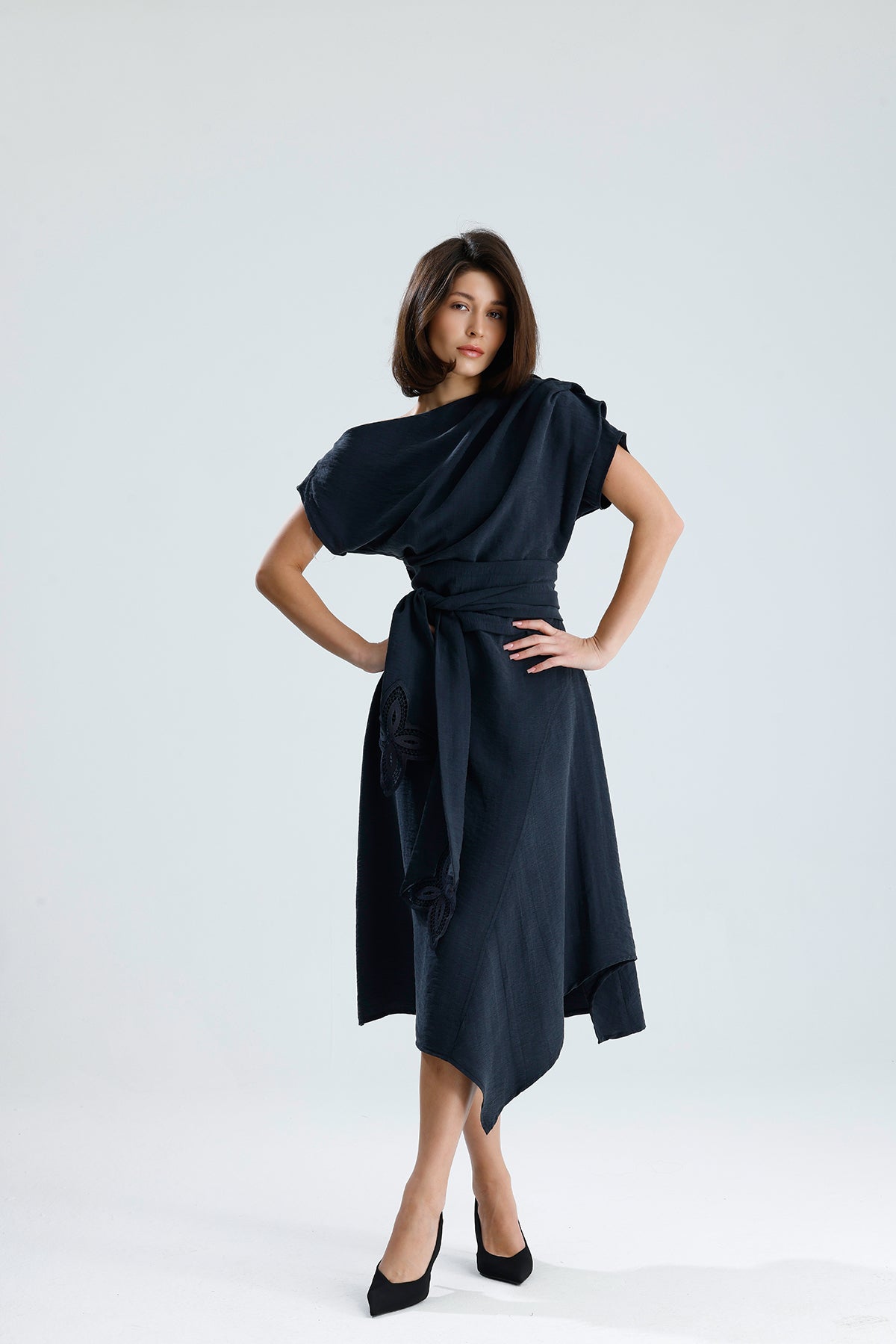 Gray Bloom Asymmetrical Midi Dress