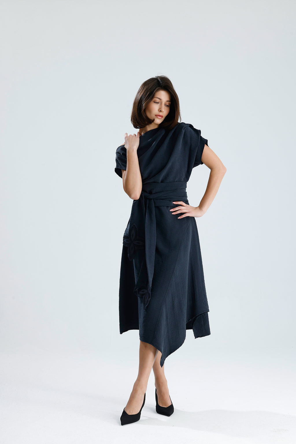 Gray Bloom Asymmetrical Midi Dress