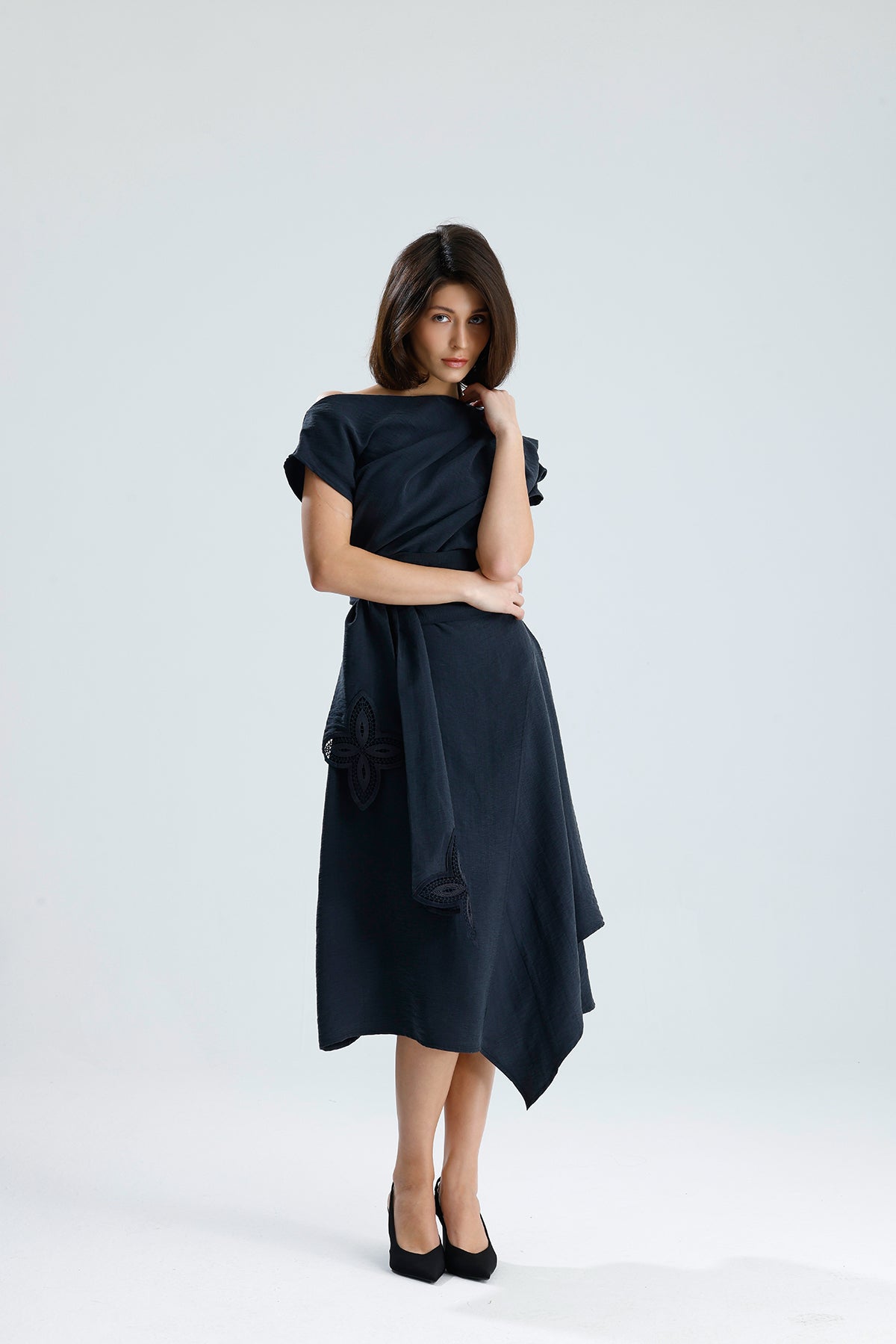 Gray Bloom Asymmetrical Midi Dress