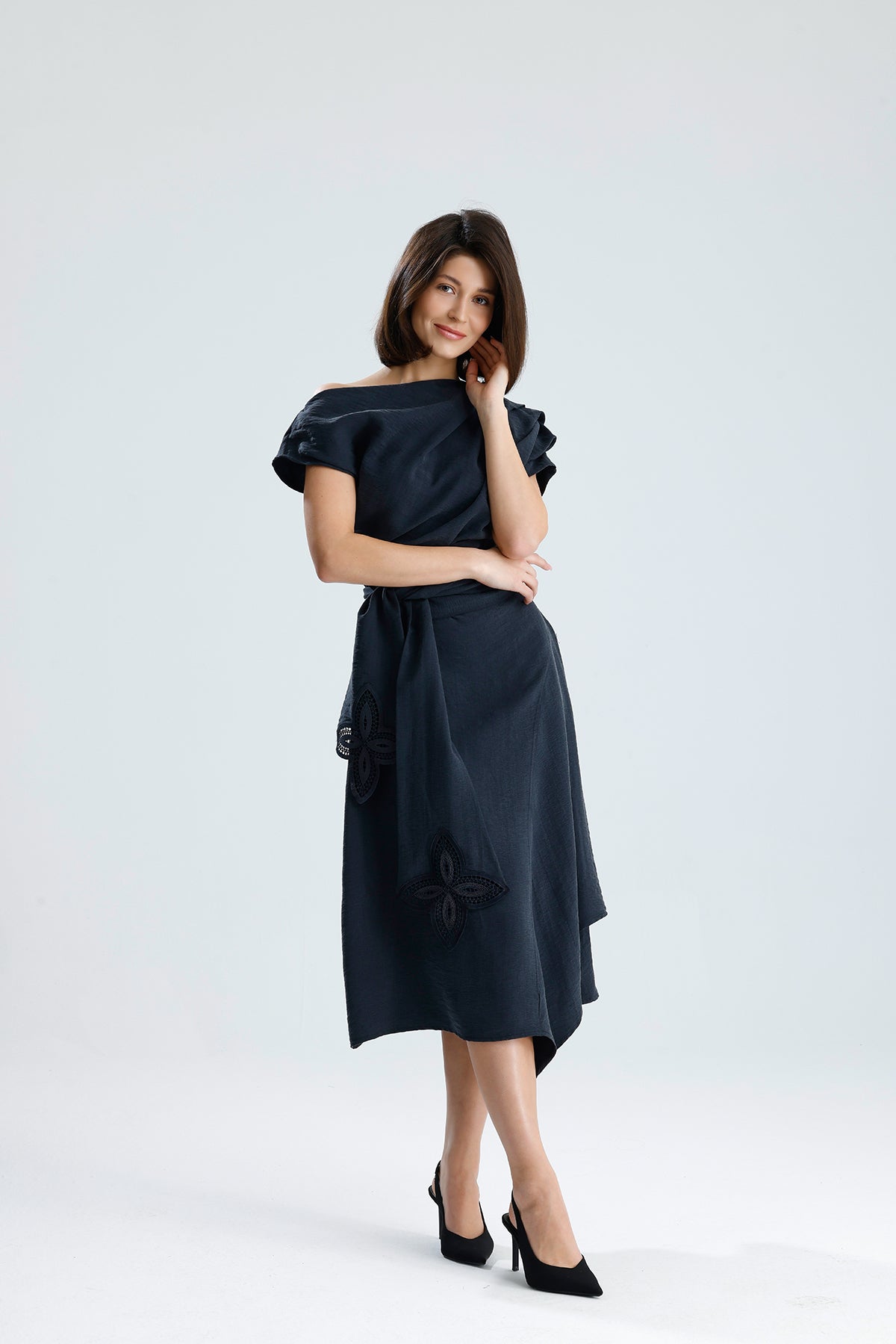 Gray Bloom Asymmetrical Midi Dress