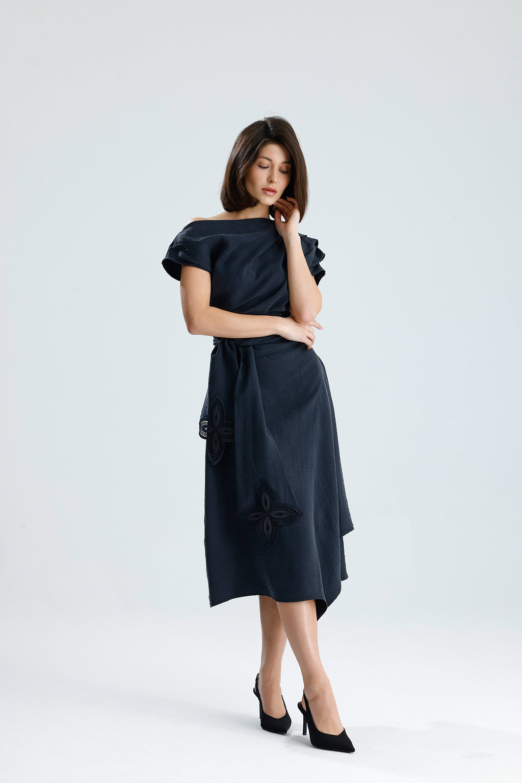 Gray Bloom Asymmetrical Midi Dress