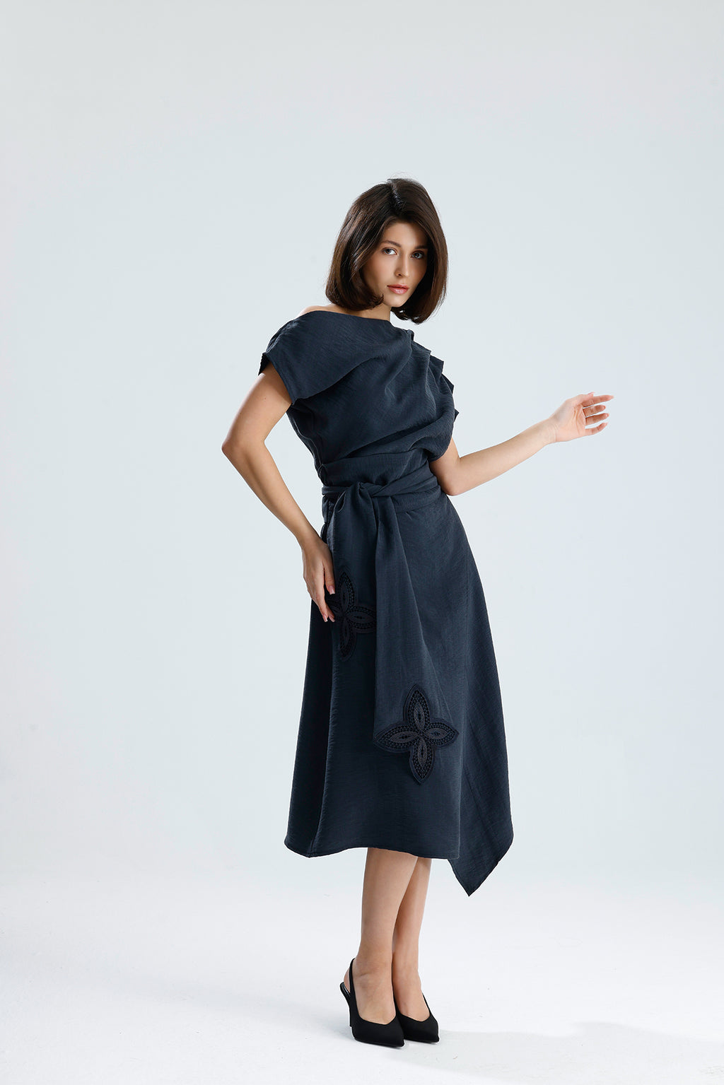 Gray Bloom Asymmetrical Midi Dress