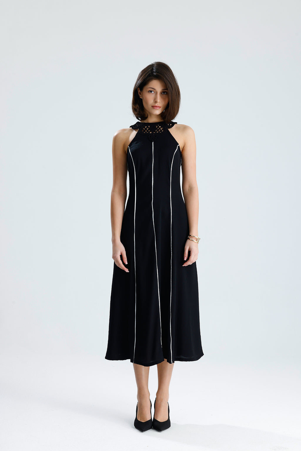 White Line Halter Midi Dress
