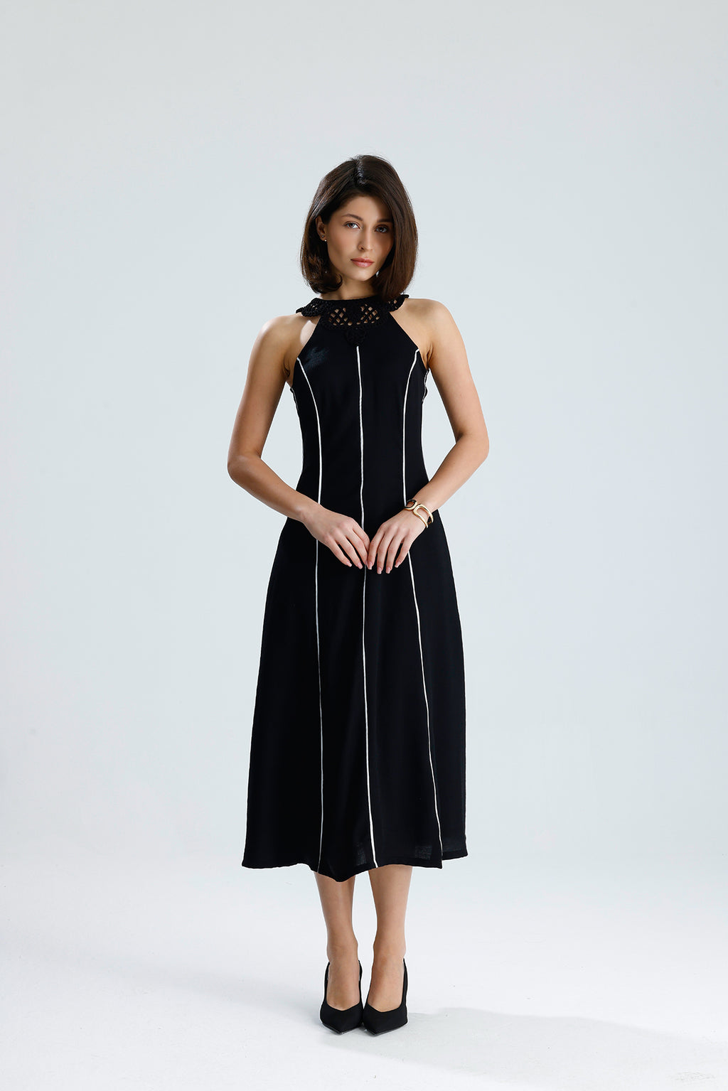 White Line Halter Midi Dress