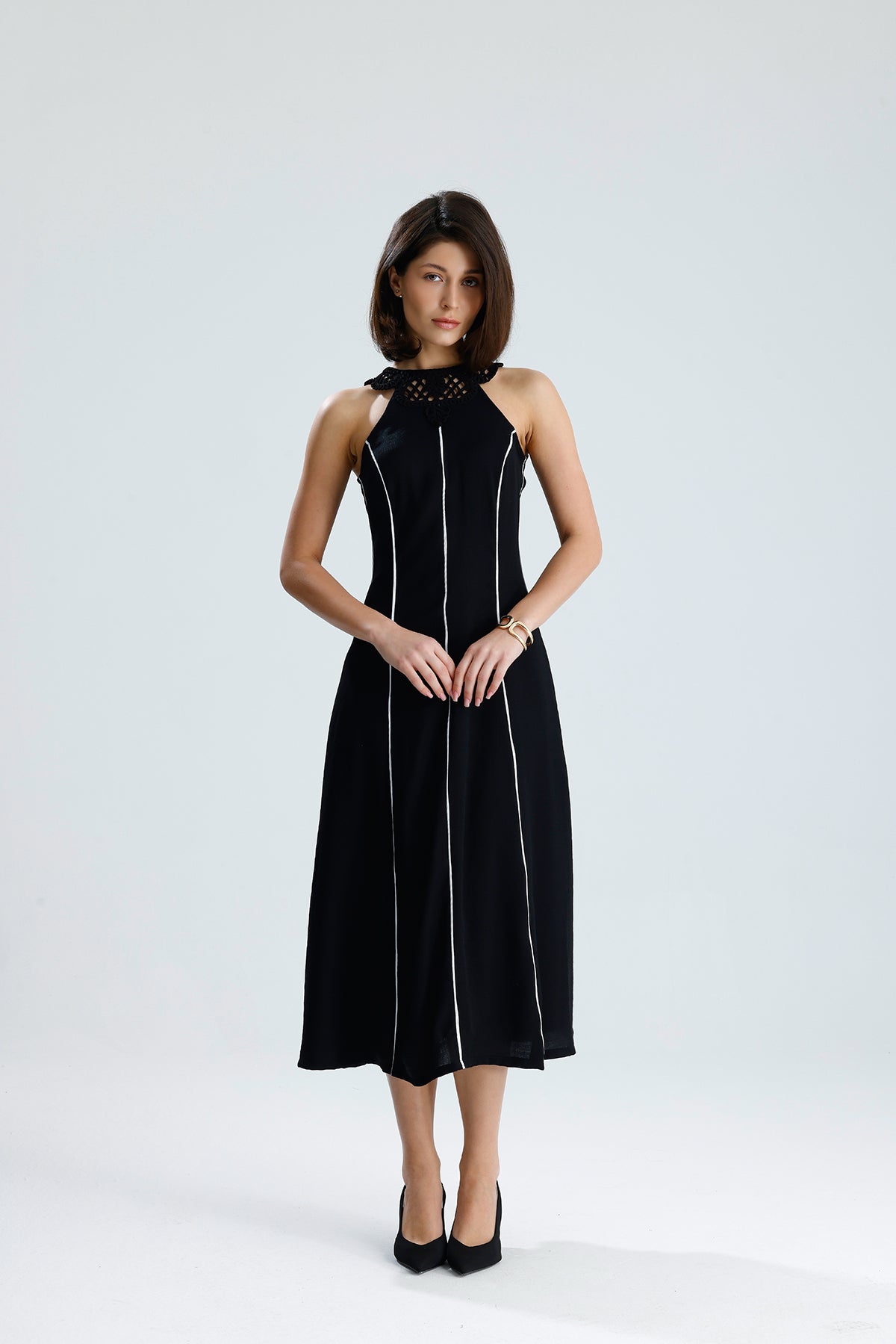 White Line Halter Midi Dress