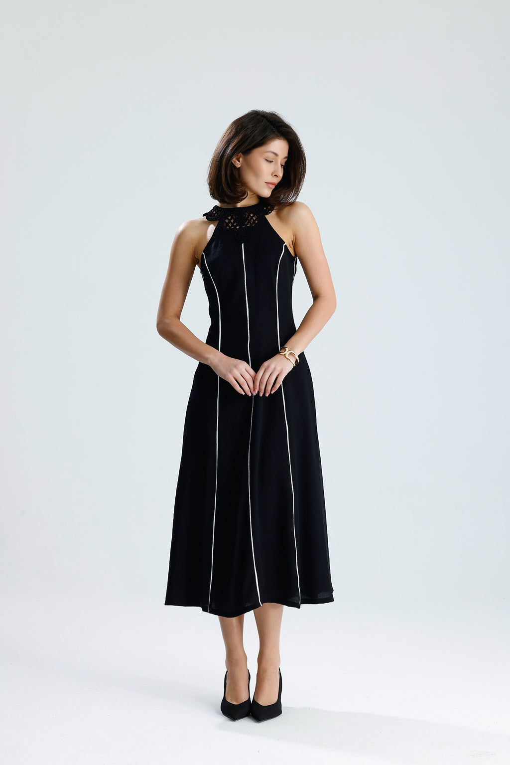 White Line Halter Midi Dress
