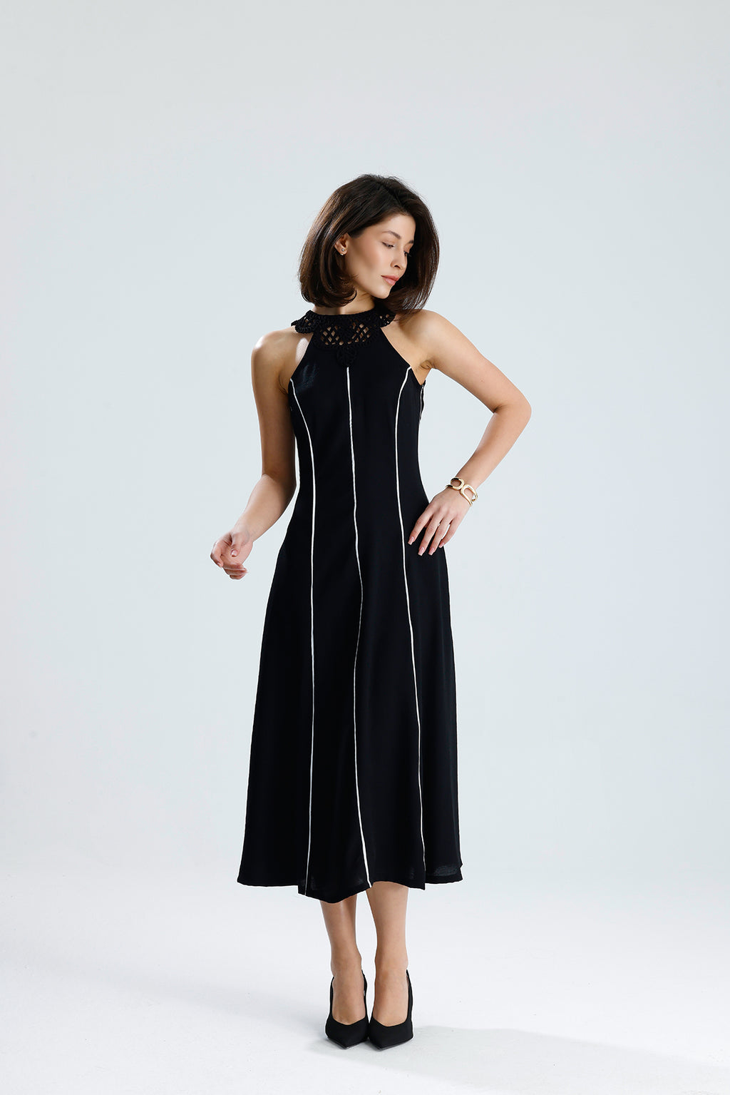 White Line Halter Midi Dress