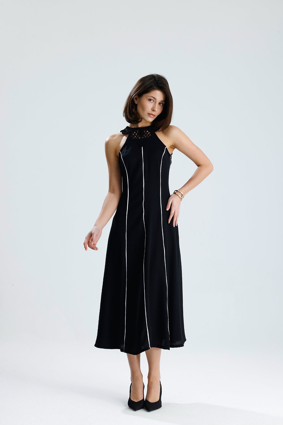 White Line Halter Midi Dress