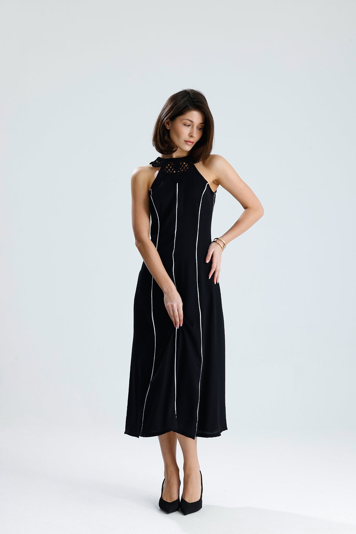 White Line Halter Midi Dress