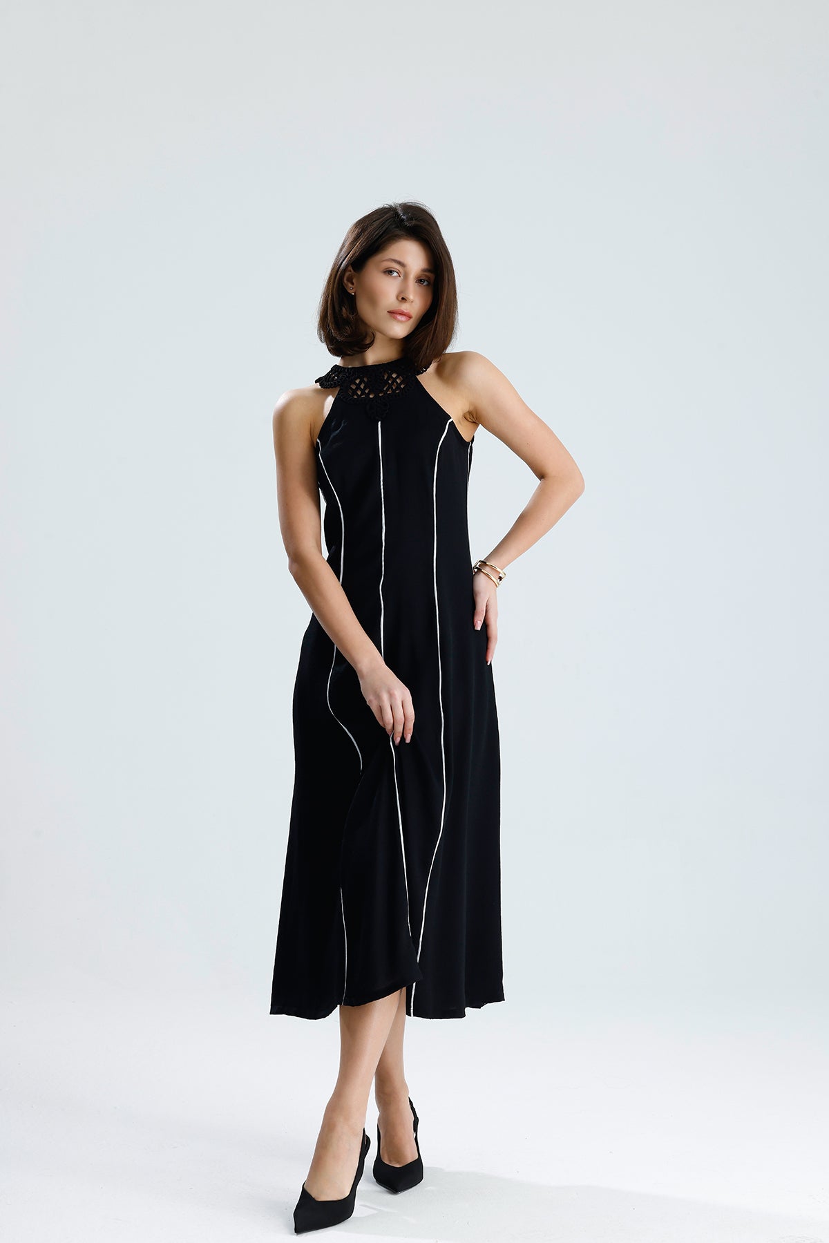 White Line Halter Midi Dress