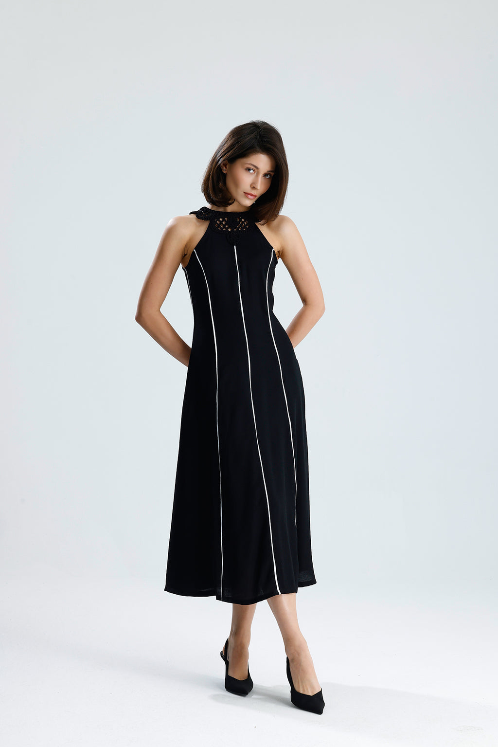 White Line Halter Midi Dress