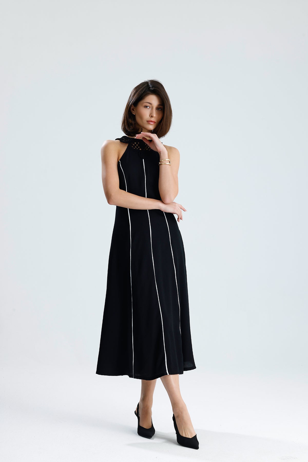 White Line Halter Midi Dress