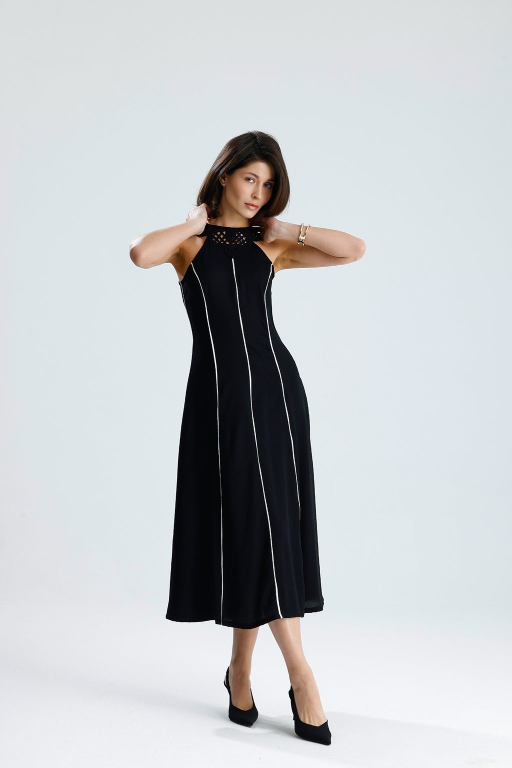 White Line Halter Midi Dress