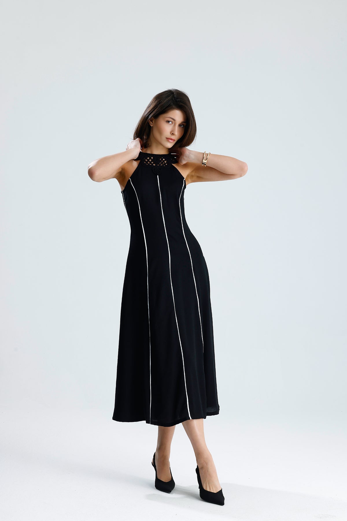 White Line Halter Midi Dress