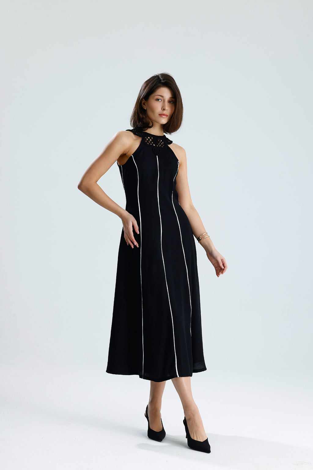 White Line Halter Midi Dress
