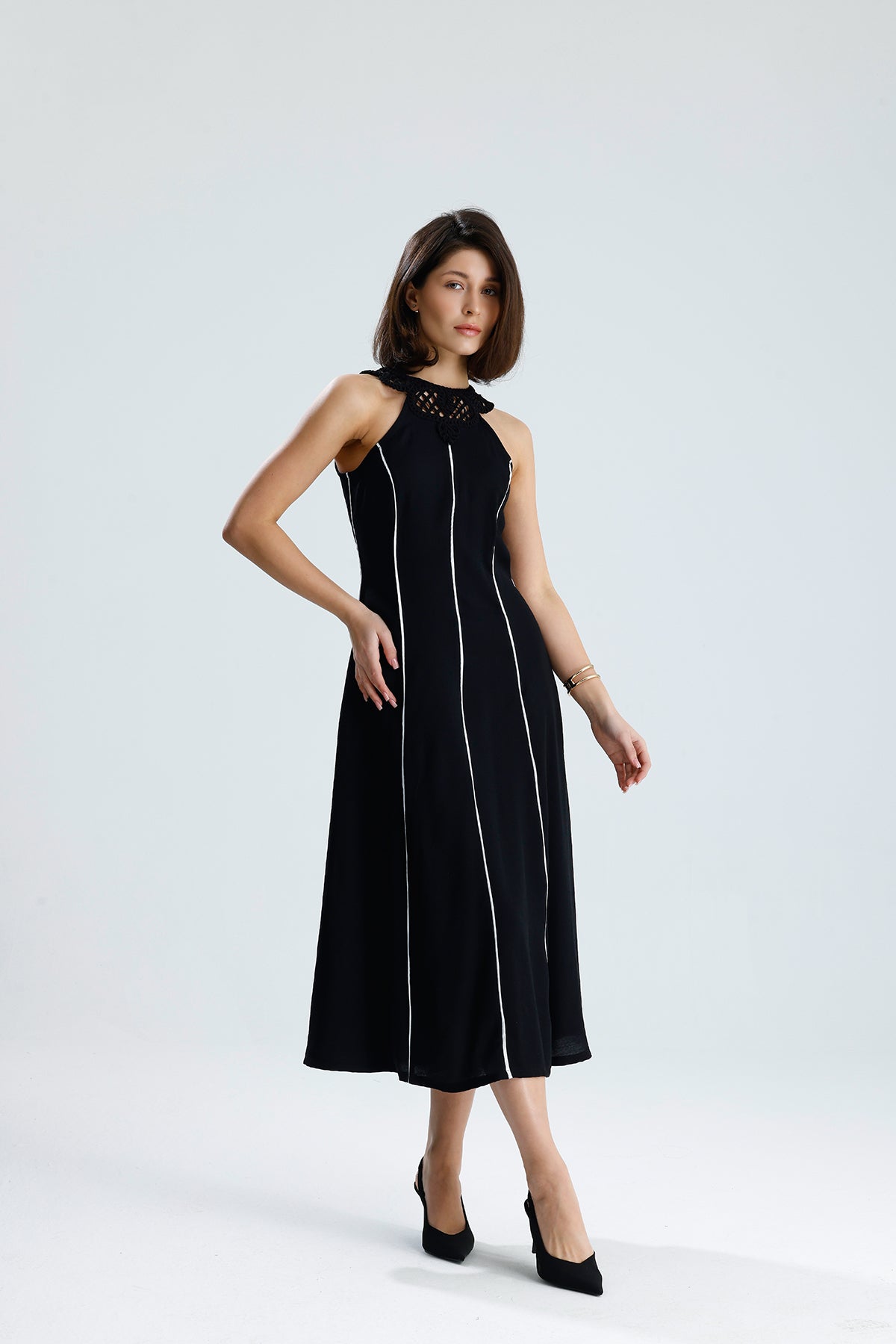 White Line Halter Midi Dress